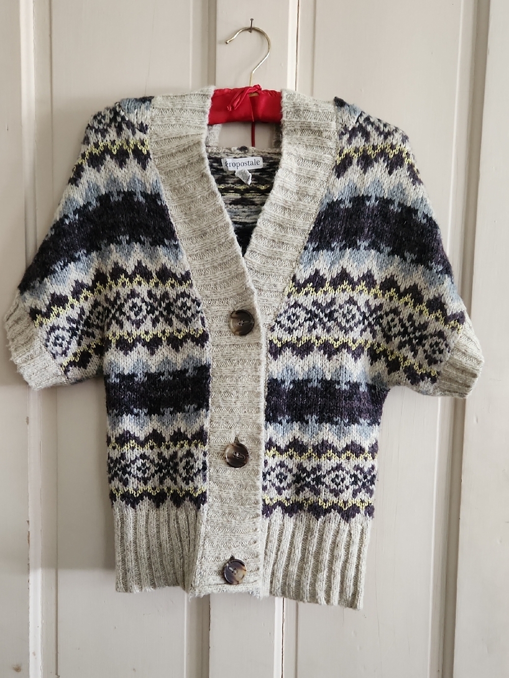 Aeropostale Short-Sleeve Fair Isle Button Cardigan in Gray, Black and Cream